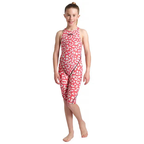 Arena Girls Junior Powerskin ST NEXT Openback Kneesuit - Leopard Skin Geranium