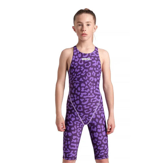 Arena Girls Junior Powerskin ST NEXT Openback Kneesuit - Leopard Skin Violet